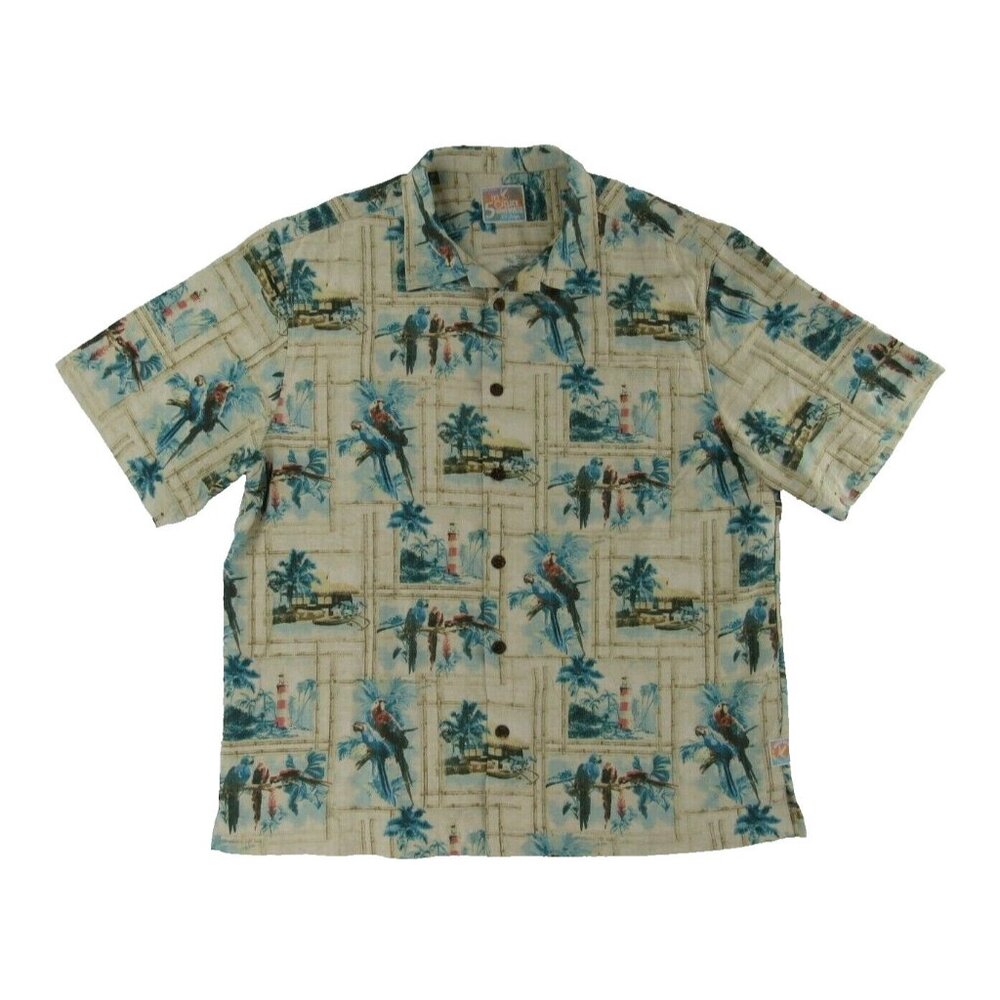 It's 5 O Clock Somewhere Mens Silk Hawaiian Shirt XXL Tan Blue Parrot Birds